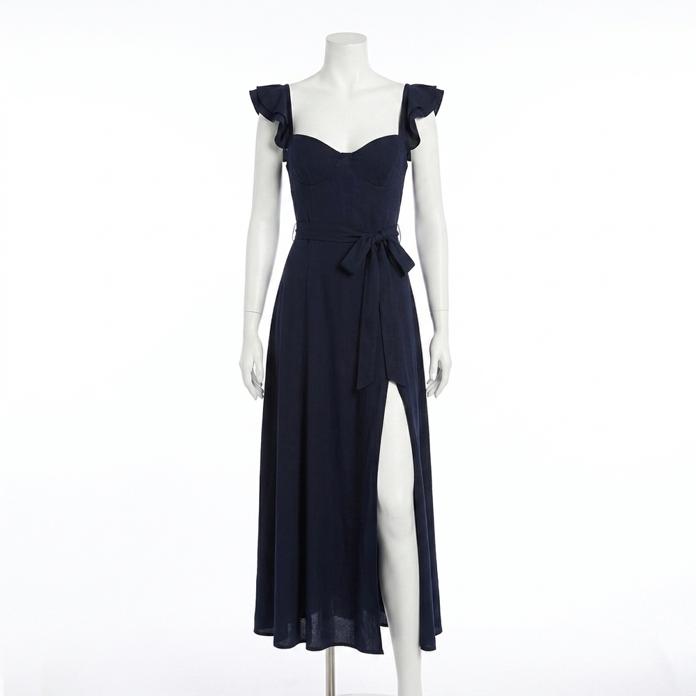 NEW DRESS FORUM linen corset flutter midi dress in navy